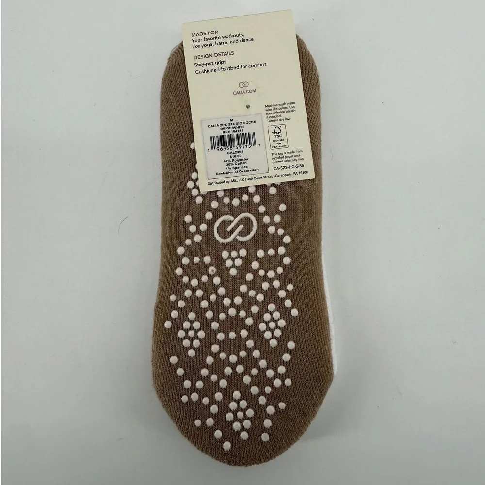NEW Calia Womens Studio‎ Liner Socks 2 Pairs White Beige Grip Yoga Barre Dance M